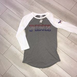 NEW BLING XS Extra Small 3/4 Sleeve Patriotic Victoria’s Secret PINK Tee